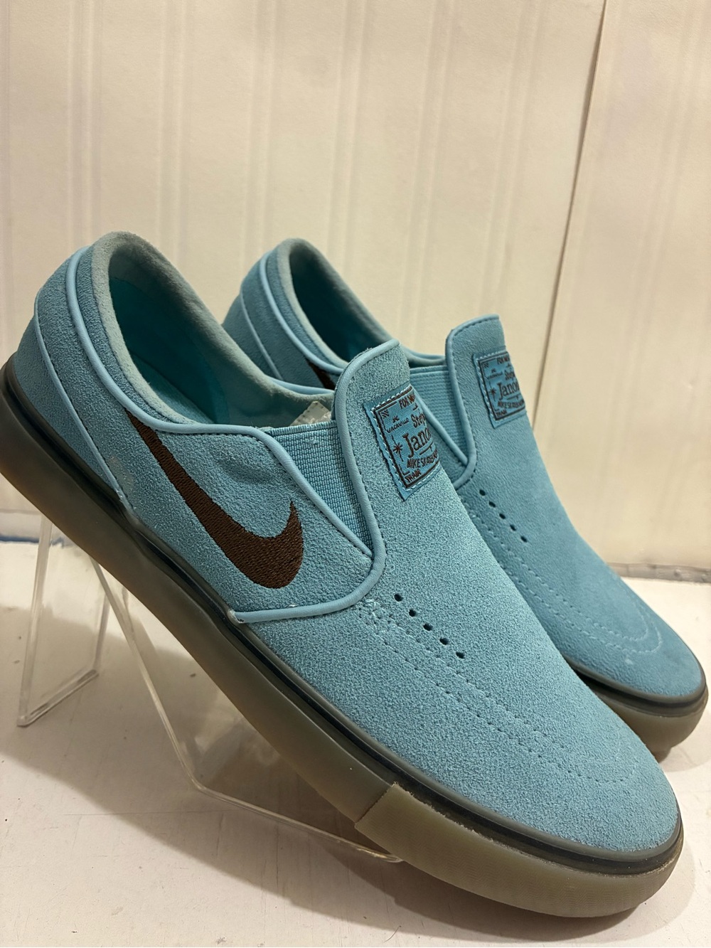 Nike Light Blue Suede Slip-On Loafers with Brown Swoosh